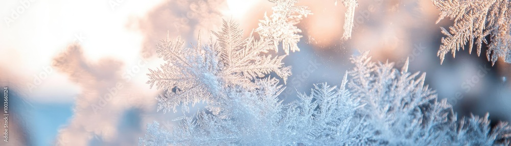 Poster close-up view of delicate snowflakes glistening in winter light, showcasing intricate patterns and t