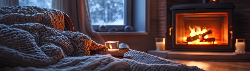 Fototapeta premium A cozy living room scene featuring a warm fireplace and soft blankets, perfect for a winter evening retreat.