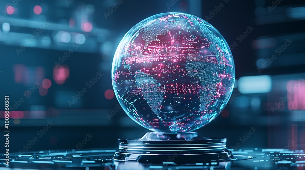 Poster a glowing ai-powered predictive model visualized as a holographic globe with data points, symbolizin