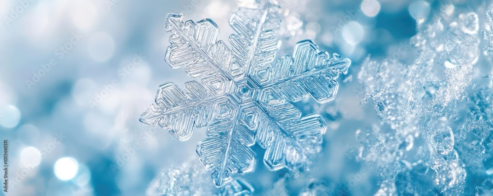 Poster close-up of a beautiful snowflake resting on icy blue background, showcasing intricate details and u