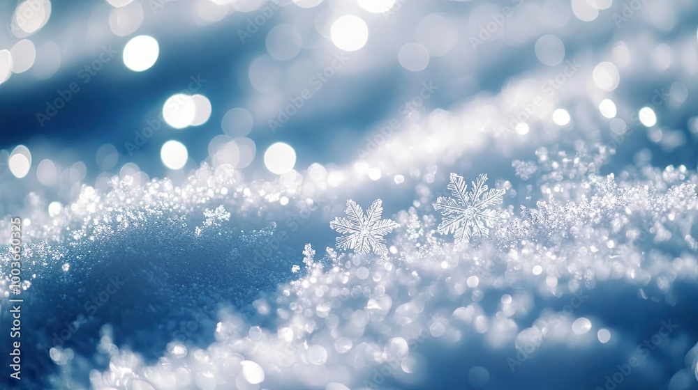 Poster a close-up of delicate snowflakes resting on soft snow, sparkling in the sunlight, creating a serene