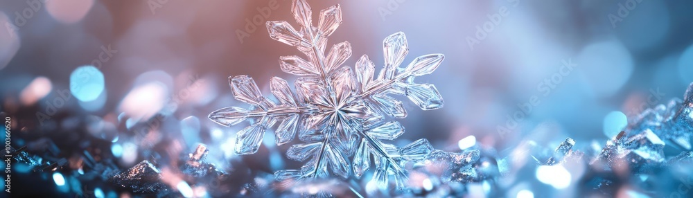 Poster a close-up view of a delicate snowflake resting on shimmering ice, capturing the beauty of winter an
