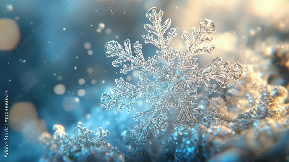 Poster close-up of a delicate snowflake with intricate details, set against a shimmering winter background 