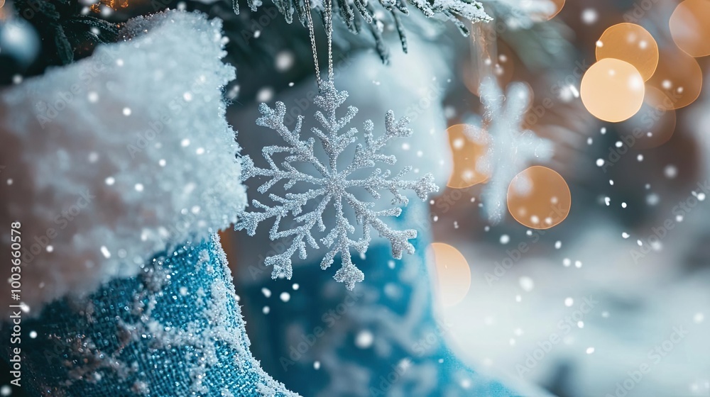 Poster a festive close-up of a blue christmas stocking adorned with a snowflake ornament, surrounded by sof