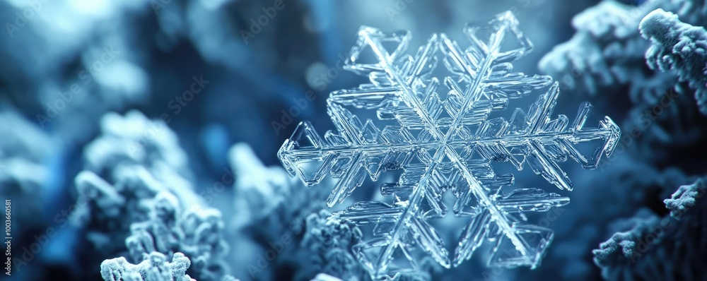 Poster close-up of a stunning snowflake resting on a bed of frost, showcasing intricate details and delicat
