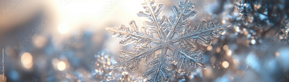 Poster a close-up of a beautiful snowflake glistening in the light, showcasing intricate details and a fros