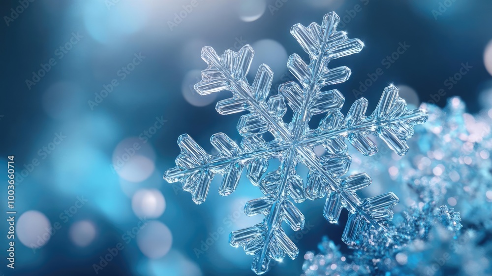 Poster Close-up of a delicate snowflake on a frosty surface, showcasing intricate details against a shimmering blue background.