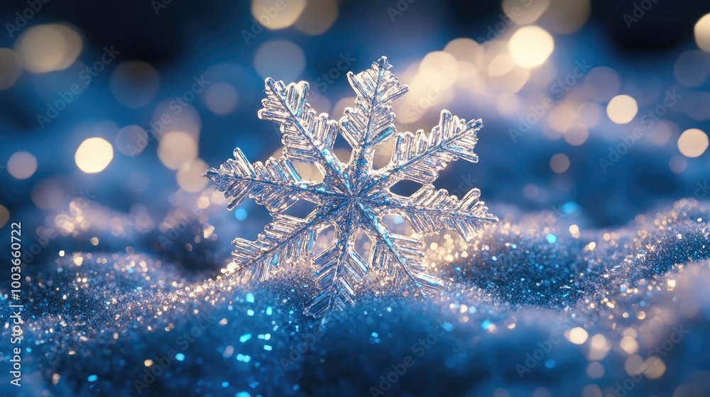 Poster A sparkling snowflake rests on shimmering snow, surrounded by a beautiful blue bokeh background, evoking winter wonder.