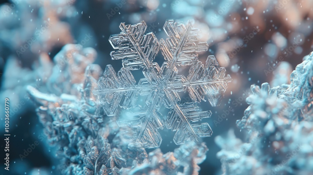 Poster A close-up view of a delicate snowflake resting on frosty surfaces, showcasing intricate details and a winter wonderland effect.