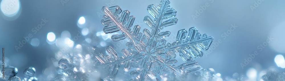 Poster A beautiful close-up of a snowflake, showcasing intricate patterns and delicate ice crystals against a soft blue background.