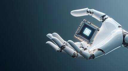 A glowing AI-powered robotic hand holding a microchip, symbolizing the precision and advancement of AI engineering