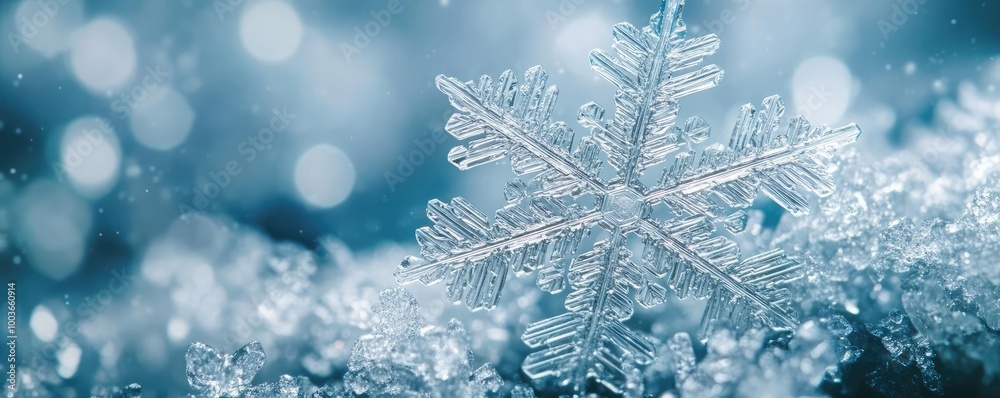 Poster a beautiful snowflake glistening on a sparkling icy surface, capturing the essence of winter's charm
