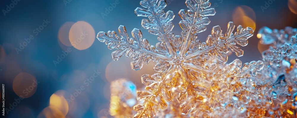 Poster Close-up of sparkling snowflakes on a colorful background, showcasing intricate ice patterns and winter beauty.