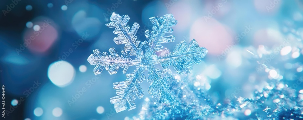 Poster a stunning close-up of a crystal snowflake sparkling against a blue background, capturing the magic 