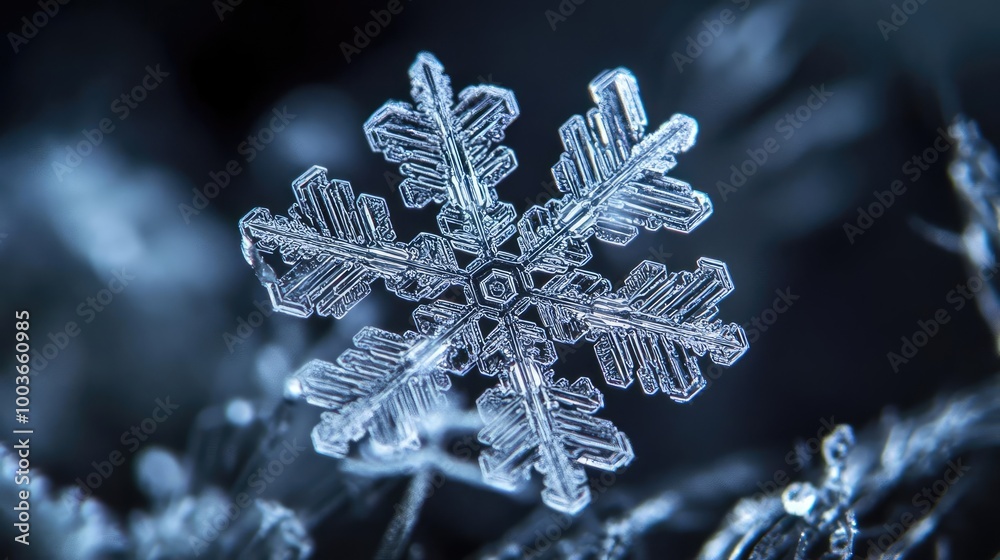 Poster intricate and delicate snowflake resting on a frosty surface, showcasing the beauty of winter's uniq