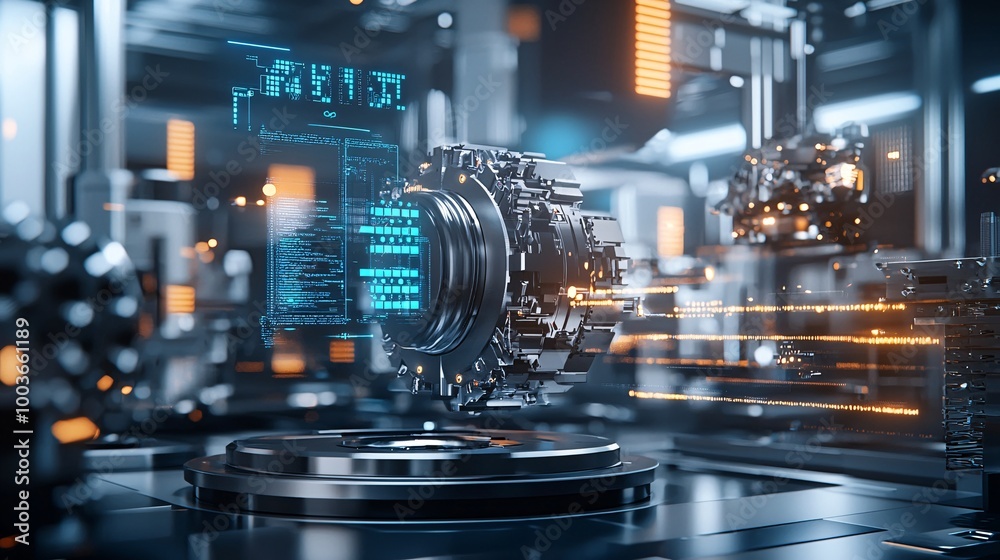Poster an ai-powered predictive maintenance system in a high-tech industrial setting, symbolizing efficienc