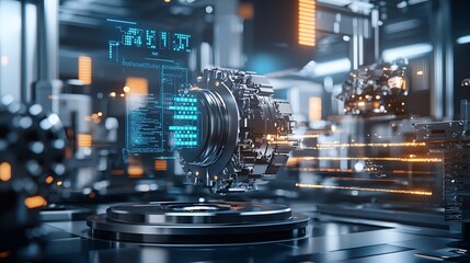 An AI-powered predictive maintenance system in a high-tech industrial setting, symbolizing efficiency and reliability through AI