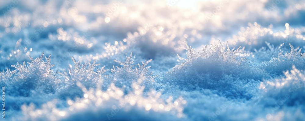 Poster a close-up view of delicate snowflakes covering the ground, sparkling under soft sunlight, creating 