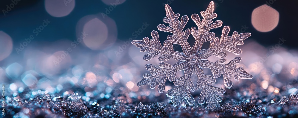 Poster a beautiful snowflake glistens on a sparkling surface, capturing the essence of winter's delicate ch