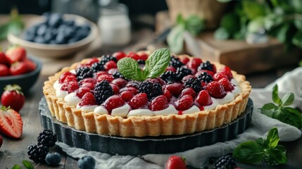 Photography of a fresh fruit tart with berries and cream, captured in soft natural light with
