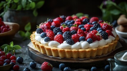 Photography of a fresh fruit tart with berries and cream, captured in soft natural light with