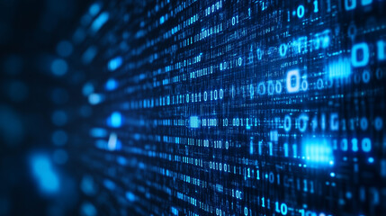 Blue digital binary data on computer screen background
