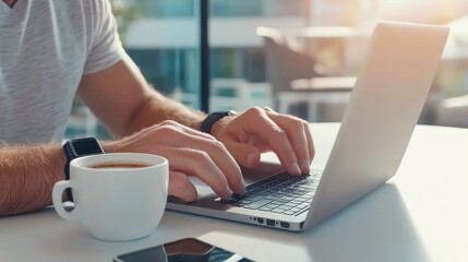 Fototapeta premium Young Man Working on Laptop in Modern Office