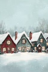 Fototapeta premium A tranquil winter village comes alive with charm as snow blankets the ground, and homes are beautifully decorated for Christmas and New Year festivities, creating a cozy atmosphere