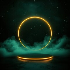 Obraz premium Glowing Neon Circle Above Platform With Fog And Stars