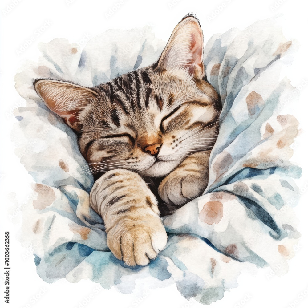 Poster a cozy cat sleeping peacefully on a soft bedspread with a serene white background in the afternoon l
