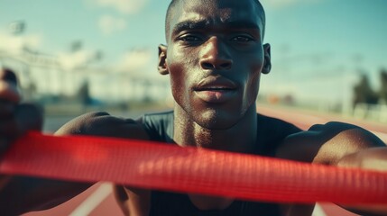 Athlete focused on training, track field background.