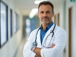  Confident Healthcare Professional Standing in Hospital Corridor Ready to Assist Patients.