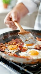 A pan filled with sizzling bacon and eggs being flipped with a spatula