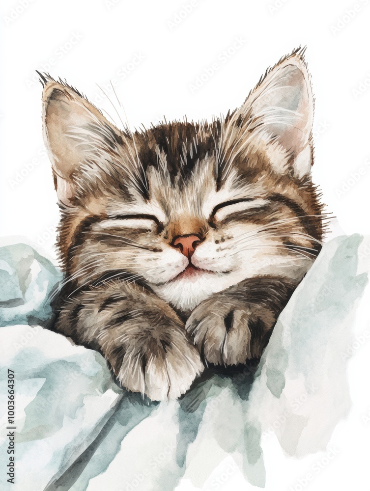Poster a cozy cat sleeping peacefully on a soft bedspread with a white background during a quiet afternoon.