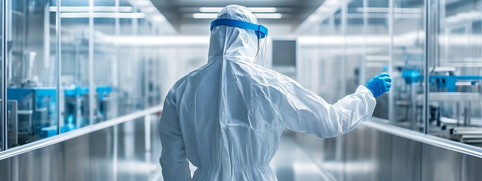 An engineer wearing a full-body cleanroom suit and face shield is seen from behind, examining intricate machinery in a sterile lab.