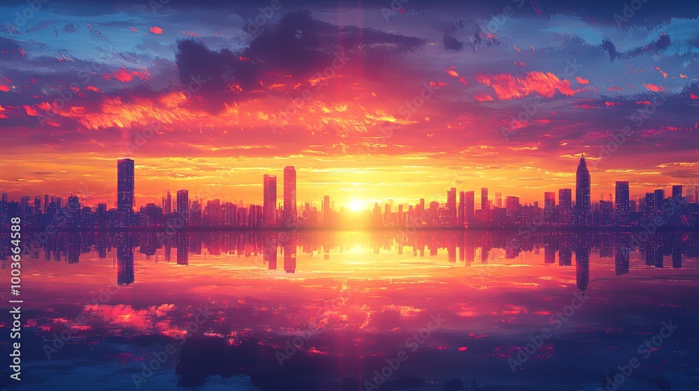 Wall mural A vibrant sunset over a city skyline, reflecting in water, showcasing the beauty of urban landscapes at dusk.