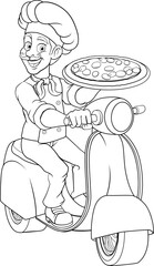 A pizza chef on a delivery scooter moped or motorcycle delivering pizza cartoon mascot illustration