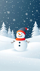 In a serene winter wonderland, a snowman adorned with a red scarf and a festive hat smiles happily under falling snowflakes. Pine trees decorate the background