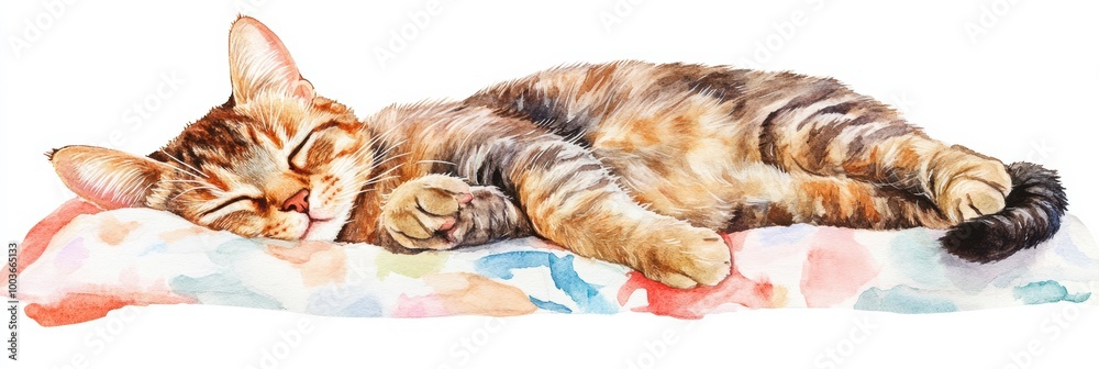Poster a cozy cat peacefully sleeping on a colorful bedspread against a white background in a warm setting.