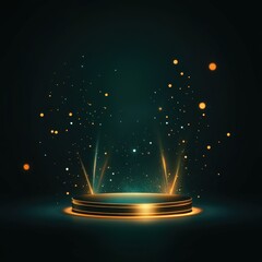 Abstract Golden Podium with Glowing Lights and Bokeh.