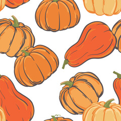 Autumn seamless pattern for textiles textile. Vector orange and yellow pumpkins pumpkin in flat style. Illustration for seasonal autumn holidays, halloween, thanksgiving, harvest.