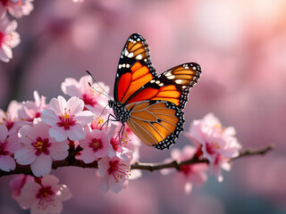 A butterfly landing on a blooming cherry branch 