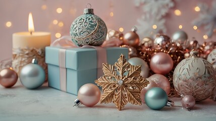 Decorative Christmas ornaments and gifts on a table with soft lighting and a festive background in a cozy holiday setting. Generative AI
