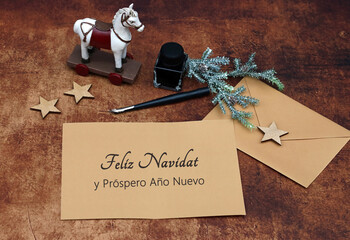 Carta con felicitación navideña: tarjeta con nostálgica decoración navideña, tinta, pluma...