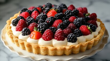 Photography of a fruit tart with a golden crust, topped with a medley of fresh berries