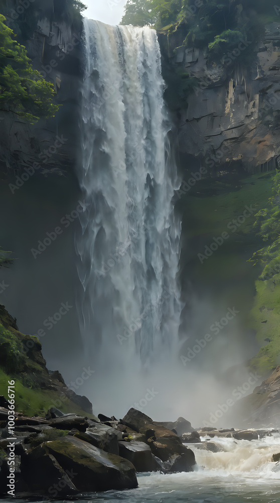 Sticker waterfall with a person standing on rocks in front of it