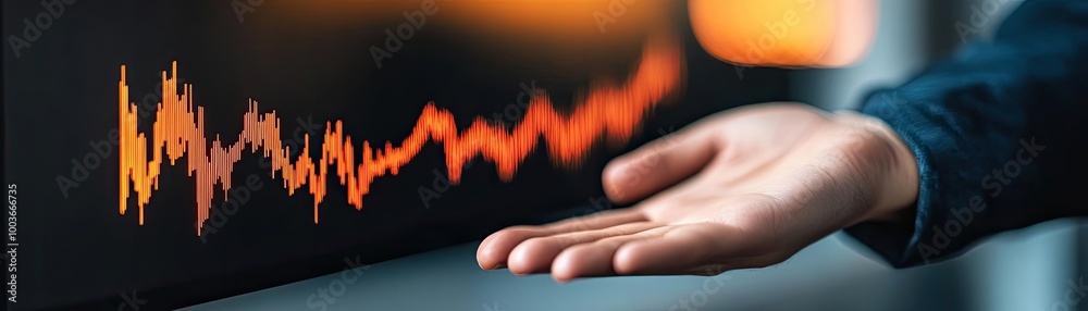 Poster A hand exhibits an engaging graph display on a digital screen, portraying data insights and analysis in a modern setting.