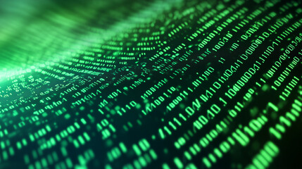 Fototapeta premium Green digital binary data on computer screen background. Matrix style 