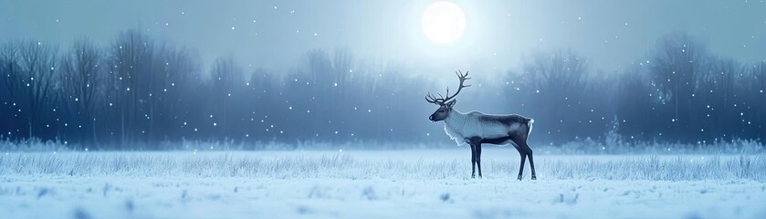 Naklejka premium A serene winter scene featuring a lone reindeer standing in a snowy landscape under a soft, glowing moonlight.