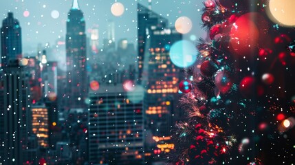 Obraz premium A beautifully decorated Christmas tree with colorful lights and ornaments, set against a snowy cityscape with modern skyscrapers at night.